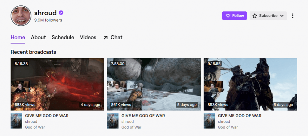 Shroud's profile on the Twitch website.