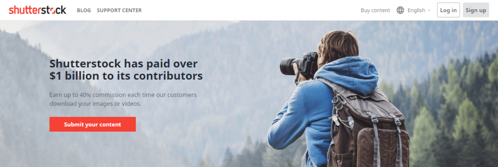 Shutterstock's Submit subdomain homepage.