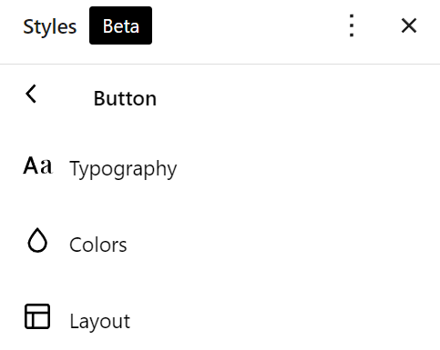 The beta version of the styles panel featuring typography, colors, and layout settings