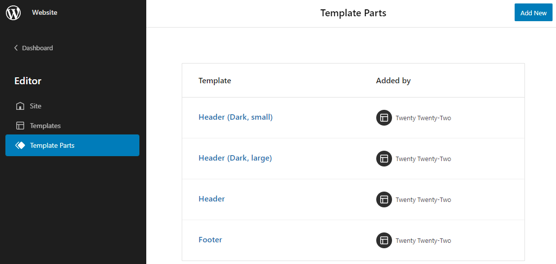 Template parts list in the site editor for the twenty twenty-two theme.