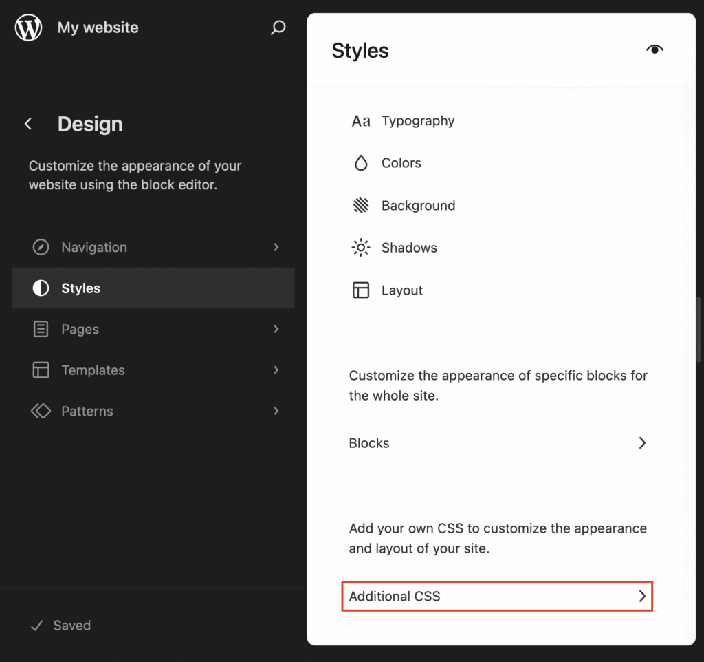 WordPress Site Editor showing Styles panel with Additional CSS section highlighted