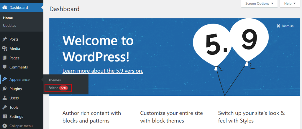 The new editor tab in the appearance section of the WordPress dashboard