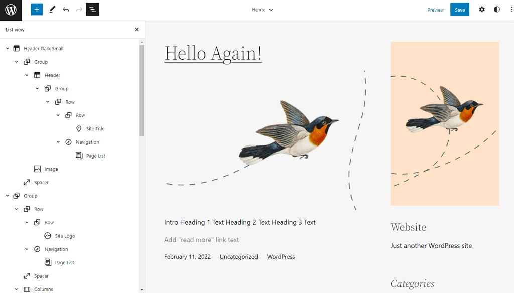 List view in the WordPress site editor.