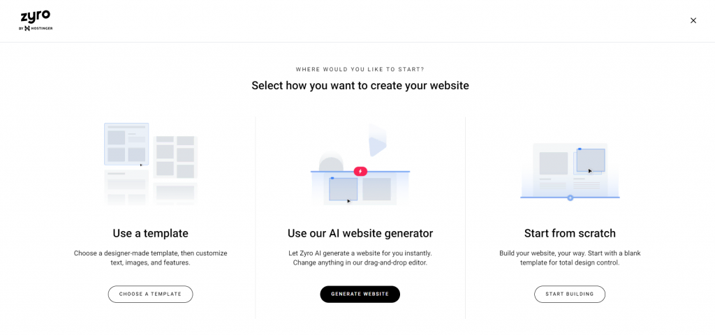 AI Website Generator as one of the ways to create a website in Zyro.