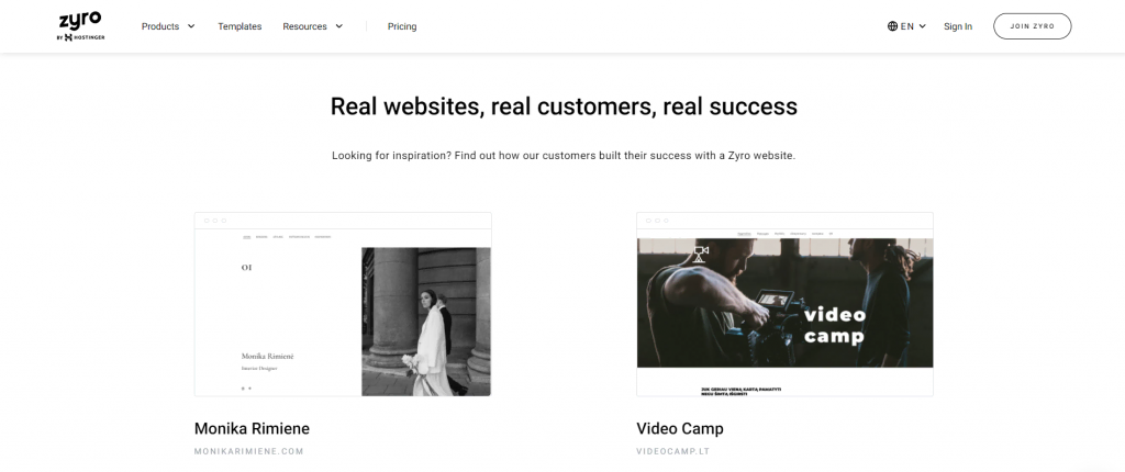 Zyro's Design Inspiration page showcasing its clients' websites.