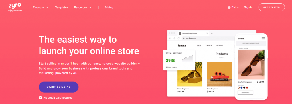 The Online Store page on the Zyro website.