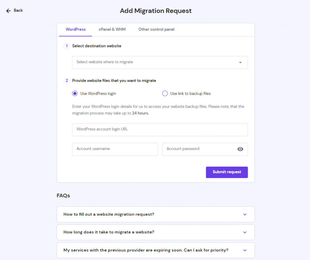 Hostinger Add Migration Request form