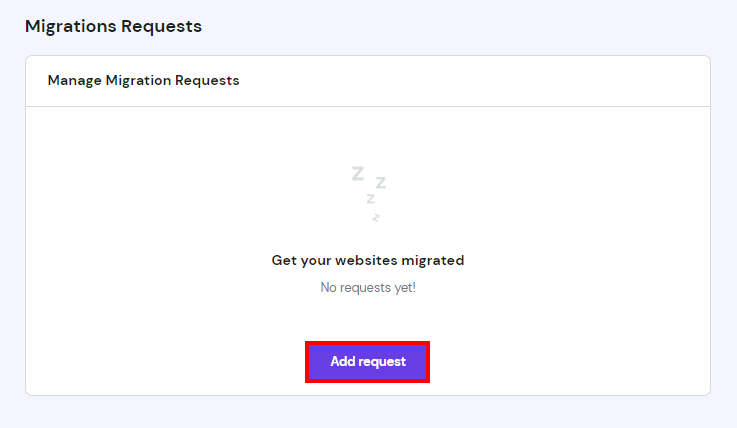Hostinger Migrations Requests page highlight Add request button