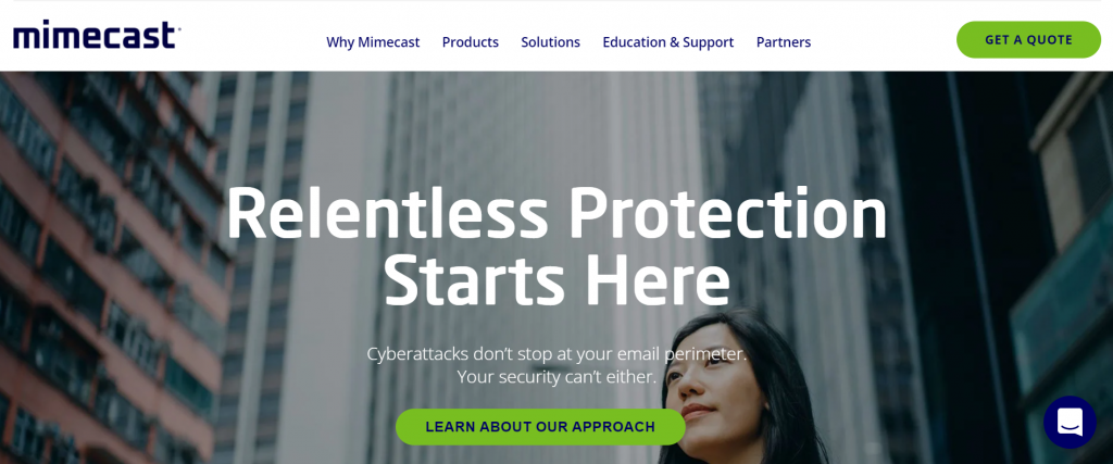 Homepage of the cybersecurity service Mimecast