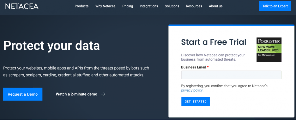 Homepage of Netacea, a bot management solution for websites, apps, and APIs