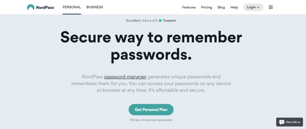 Homepage of NordPass password manager