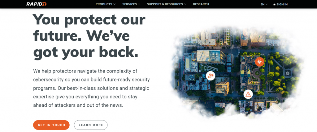 Homepage of Rapid7, a comprehensive application security platform