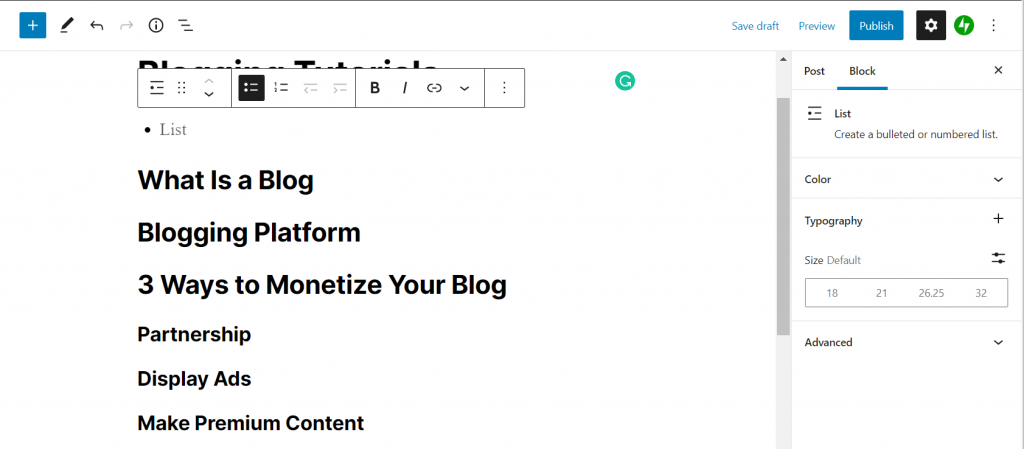 Screenshot showing how to add the list block on WordPress