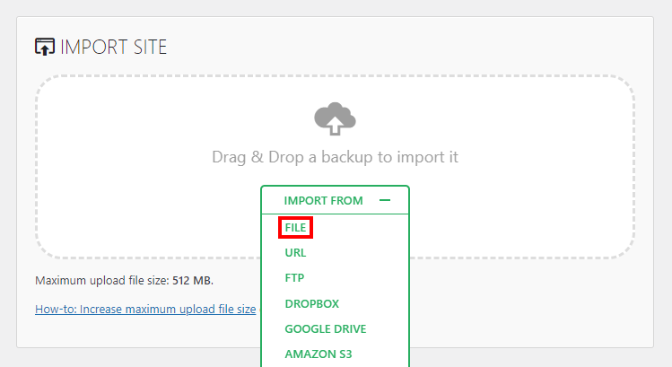 The All-in-One WP Migration plugin Import feature highlight the File option