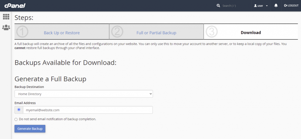 The Generate a Full Backup page in the cPanel Backup Wizard.