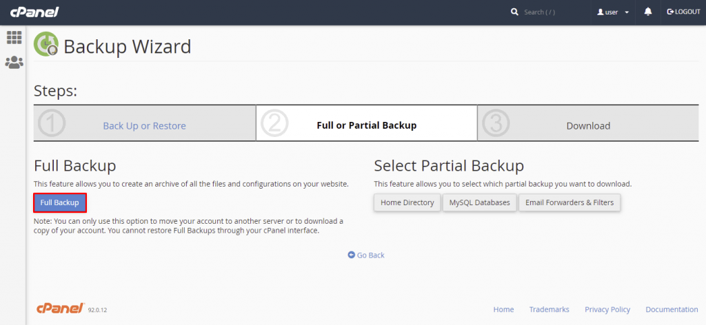 The location of the Full Backup button in the cPanel Backup Wizard.