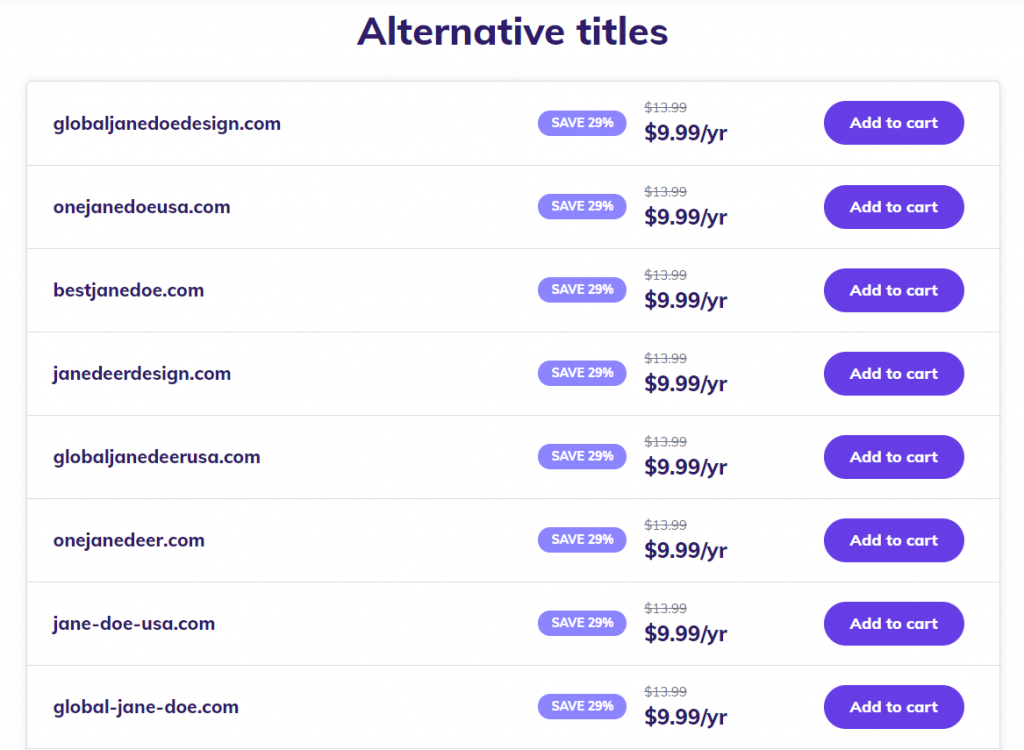 Domain name variations generated by Hostinger.