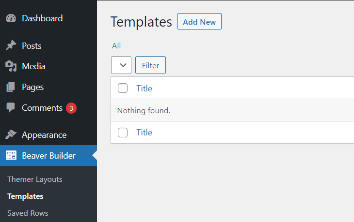 Templates page on Beaver Builder
