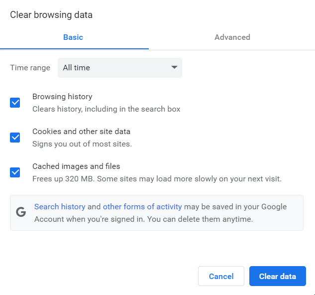 The Clear browsing data settings in Google Chrome.