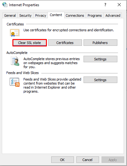 The clear SSL state button in the Content tab on Windows' Internet Properties