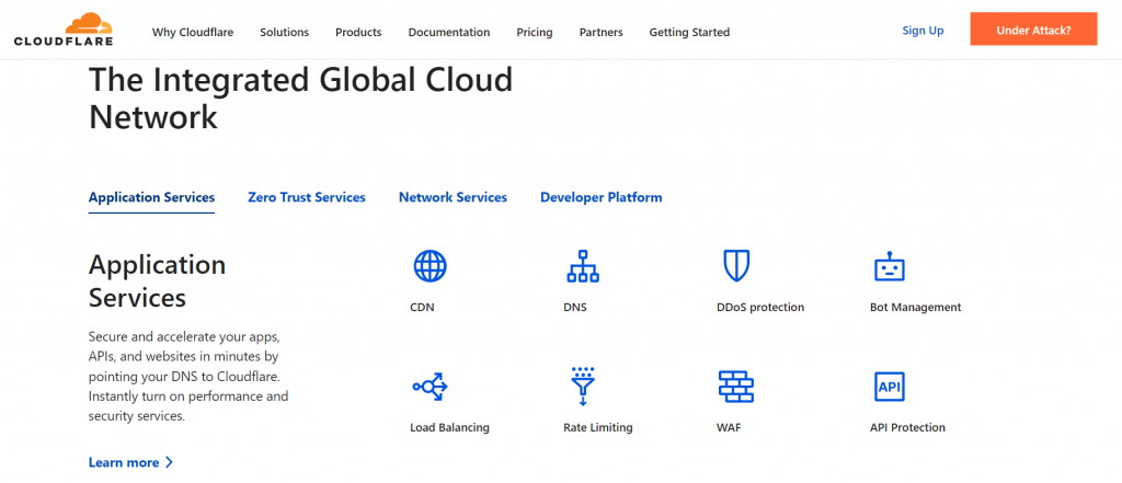 Homepage of the web application security solution Cloudflare