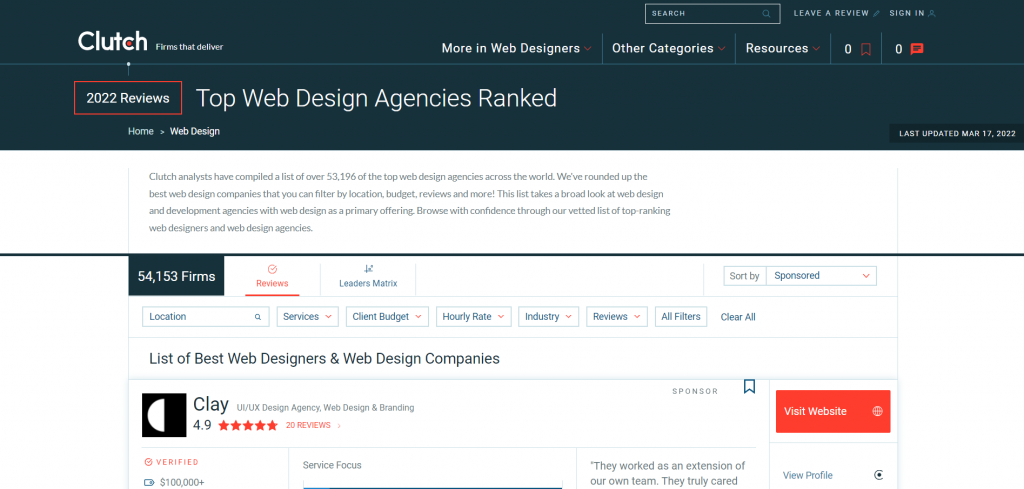Clutch's website ranking IT companies