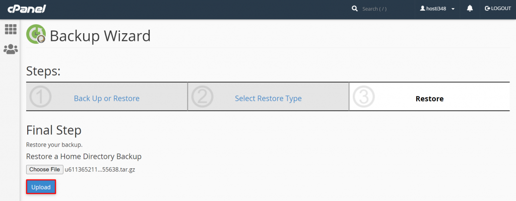 The Upload button in the cPanel Backup Wizard.