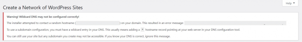 Pop-up message instructing the user to edit the wp-config.php and .htaccess files to create a network of subdomains.