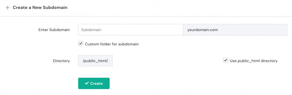 The Create a New Subdomain form on hPanel.