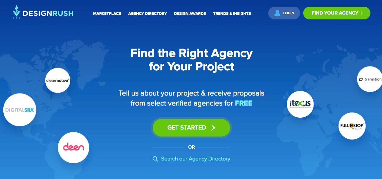 The homepage of DesignRush, a B2B marketplace for finding the right agency for your business needs.