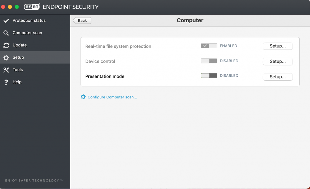 ESET Endpoint Security setup dashboard with switch buttons to disable the antivirus in Mac