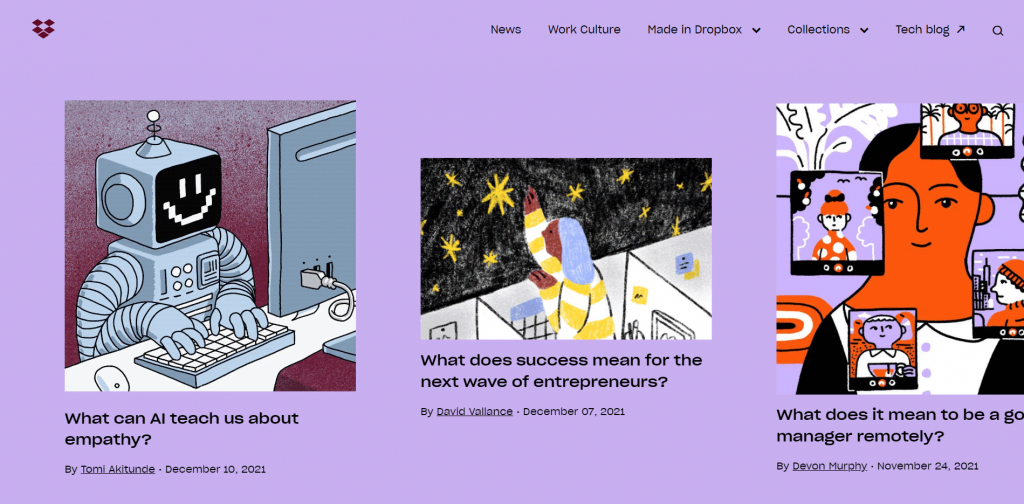 Homepage of the Dropbox blog, an example of how to use illustrations as featured images