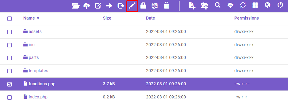 The edit theme file option on the file manager.