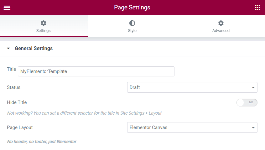 The page settings window on Elementor.