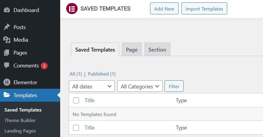 The saved templates section in Elementor.