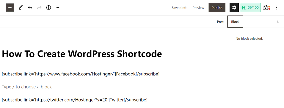 shortcode de encerramento no editor de blocos do wordpress