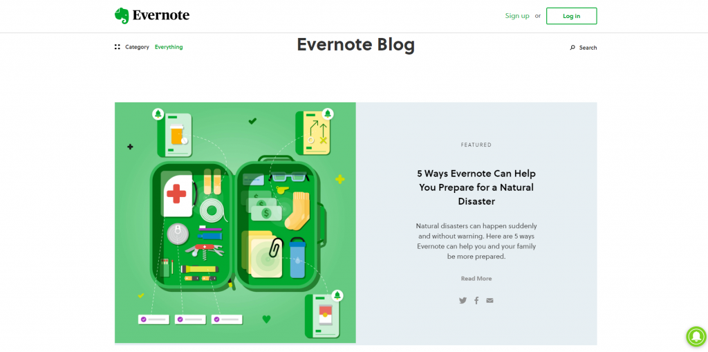 Homepage del blog di Evernote, che condivide gli aggiornamenti dell'azienda e i contenuti rilevanti relativi ai suoi prodotti.