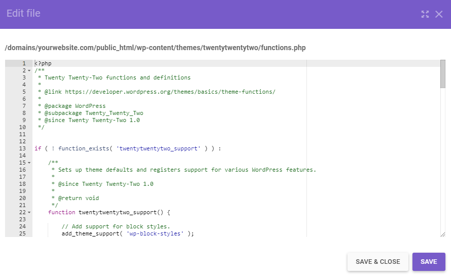 The file editor interface in hPanel's file manager.