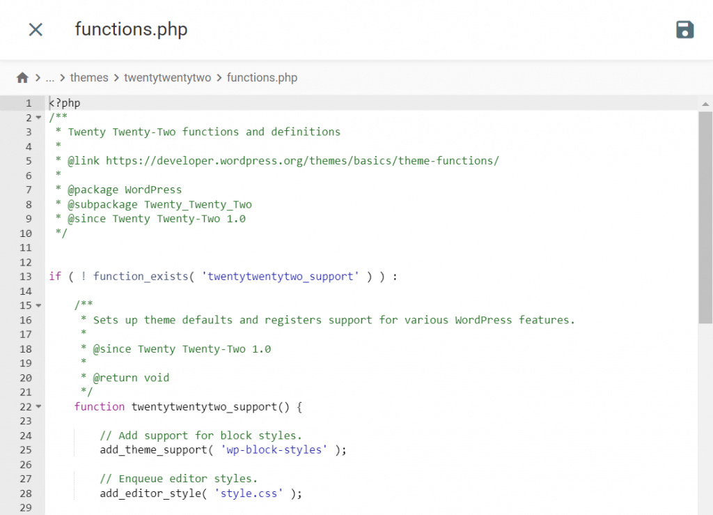 What the functions.php file looks like on Hostinger's File Manager