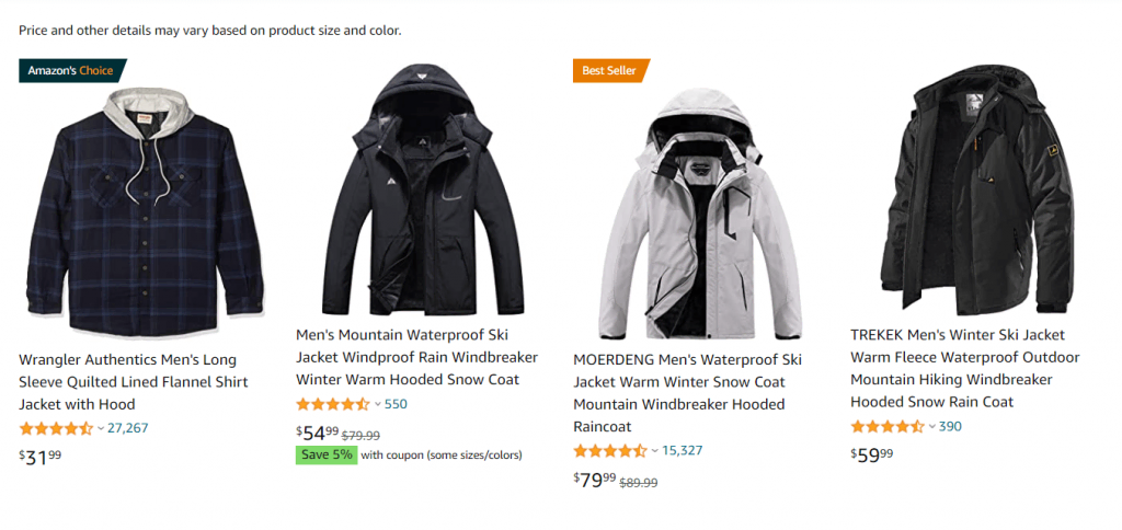An example of the ghost mannequin effect in Amazon's product photos for ski jackets