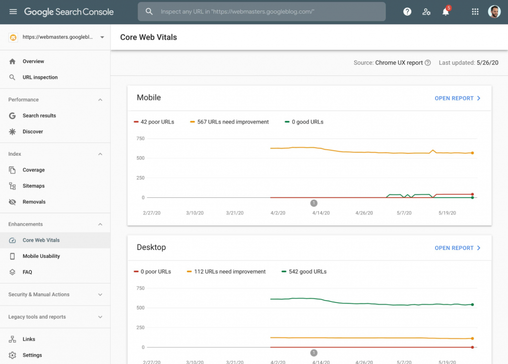 Core Web Vitals report on Google Search Console