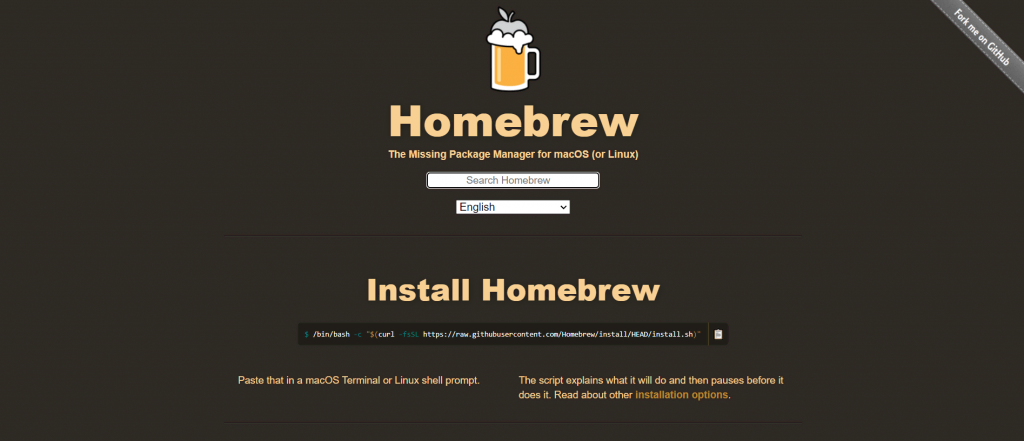 Homebrew homepage with install option