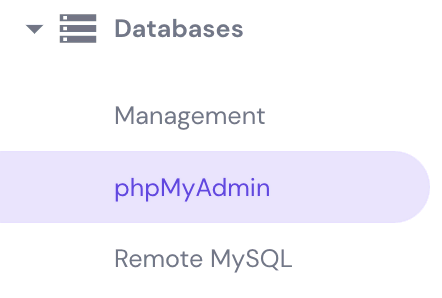 The phpMyAdmin button in Databases section in hPanel