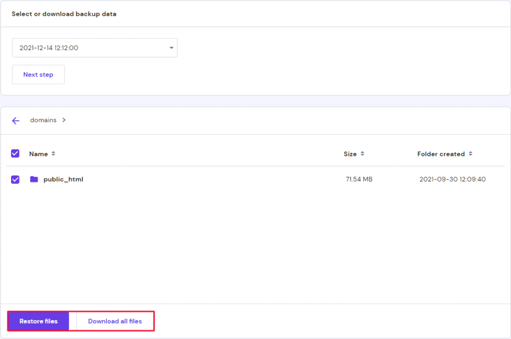 The restore files and download all files button in the backup section of hPanel 