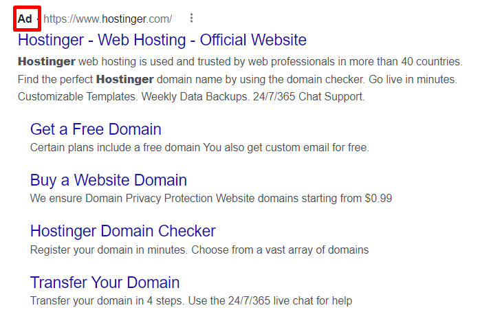 An example of a google ad on top of the search results