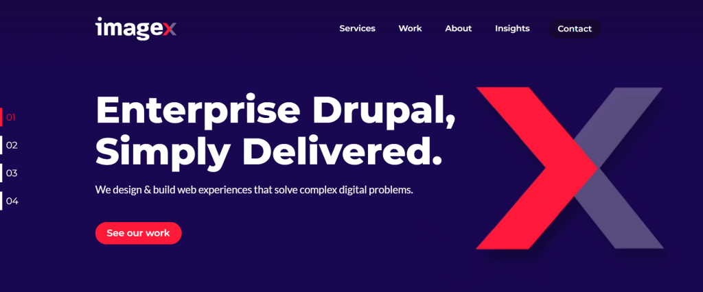 ImageX's homepage headline saying that the agency focuses on Drupal