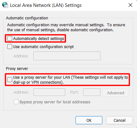 The Local Area Network (LAN) Settings on Windows.