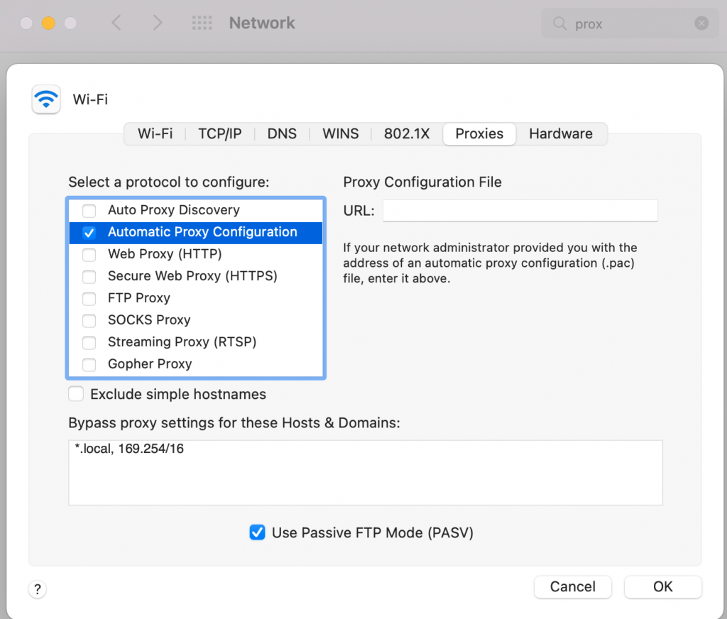 The option to set Automatic Proxy Configuration in the Network settings on Mac