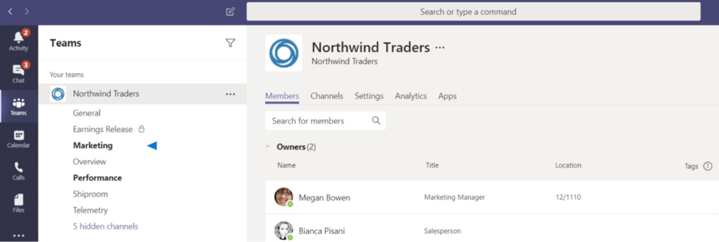 Microsoft Teams interface, showing the different channels within an account.