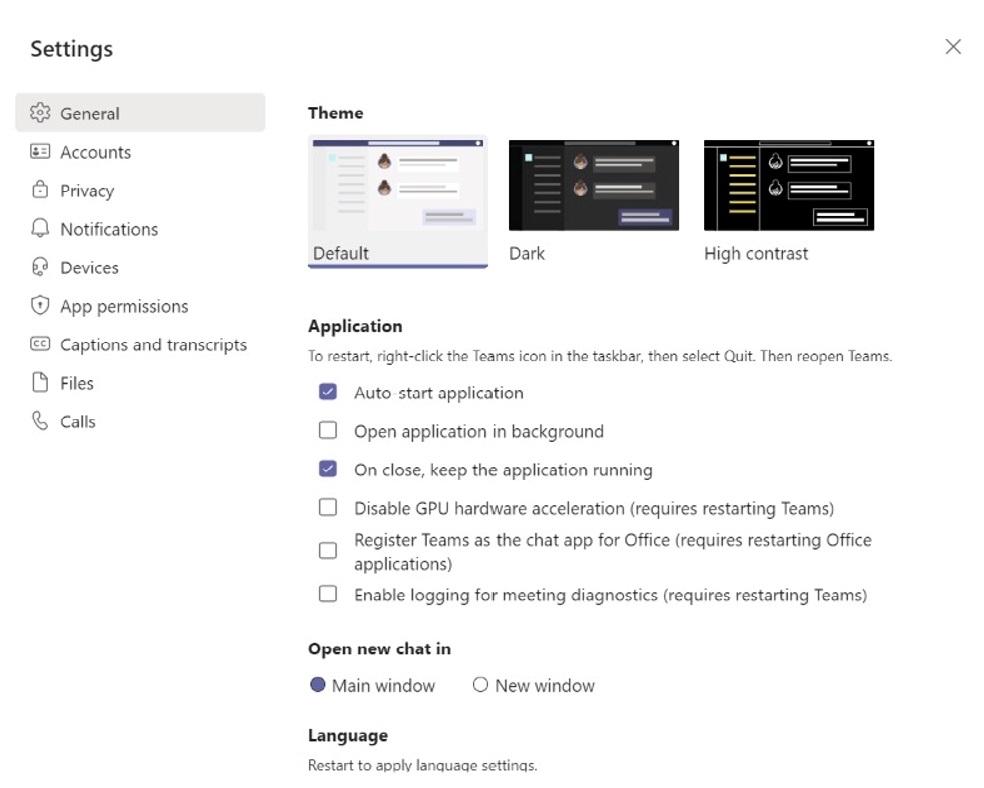 Microsoft Teams users can select a default, dark, or high-contrast theme for their workspace.